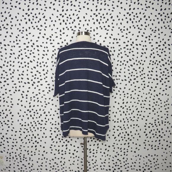 Eileen Fisher Navy Blue Striped Linen Blend Relaxed Fit V-Neck Top - Picture 6 of 9